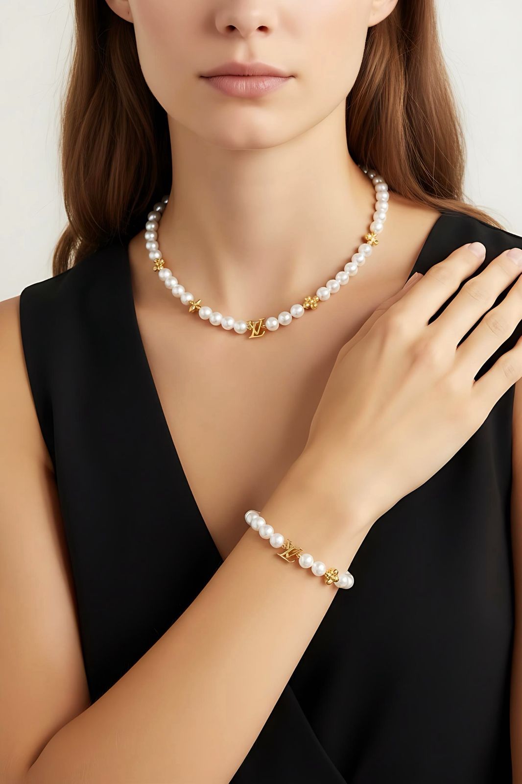 Louis Vuitton LV Pearl Necklace Bracelet Combo Gold Finish Luxury Jewellery - PR Collection