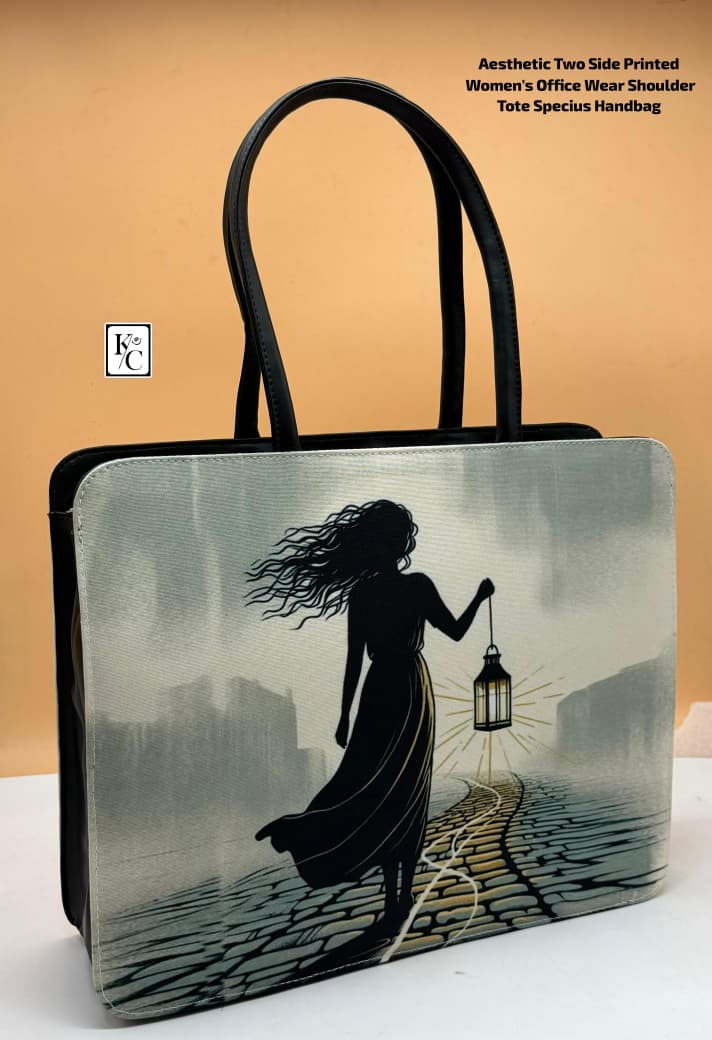 Women Business Tote Bag D2 Vegan Leather Canvas Print Laptop Compartment Office Bag
