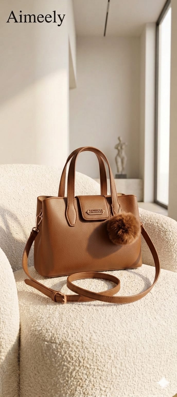 Aimeely Luxe Satchel Tan Elegant Fur Charm Imported Handbag India