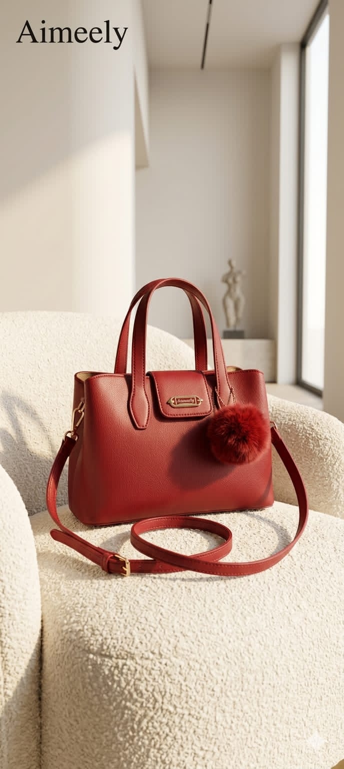 Aimeely Luxe Top Handle Satchel Red Premium Fur Charm Imported India