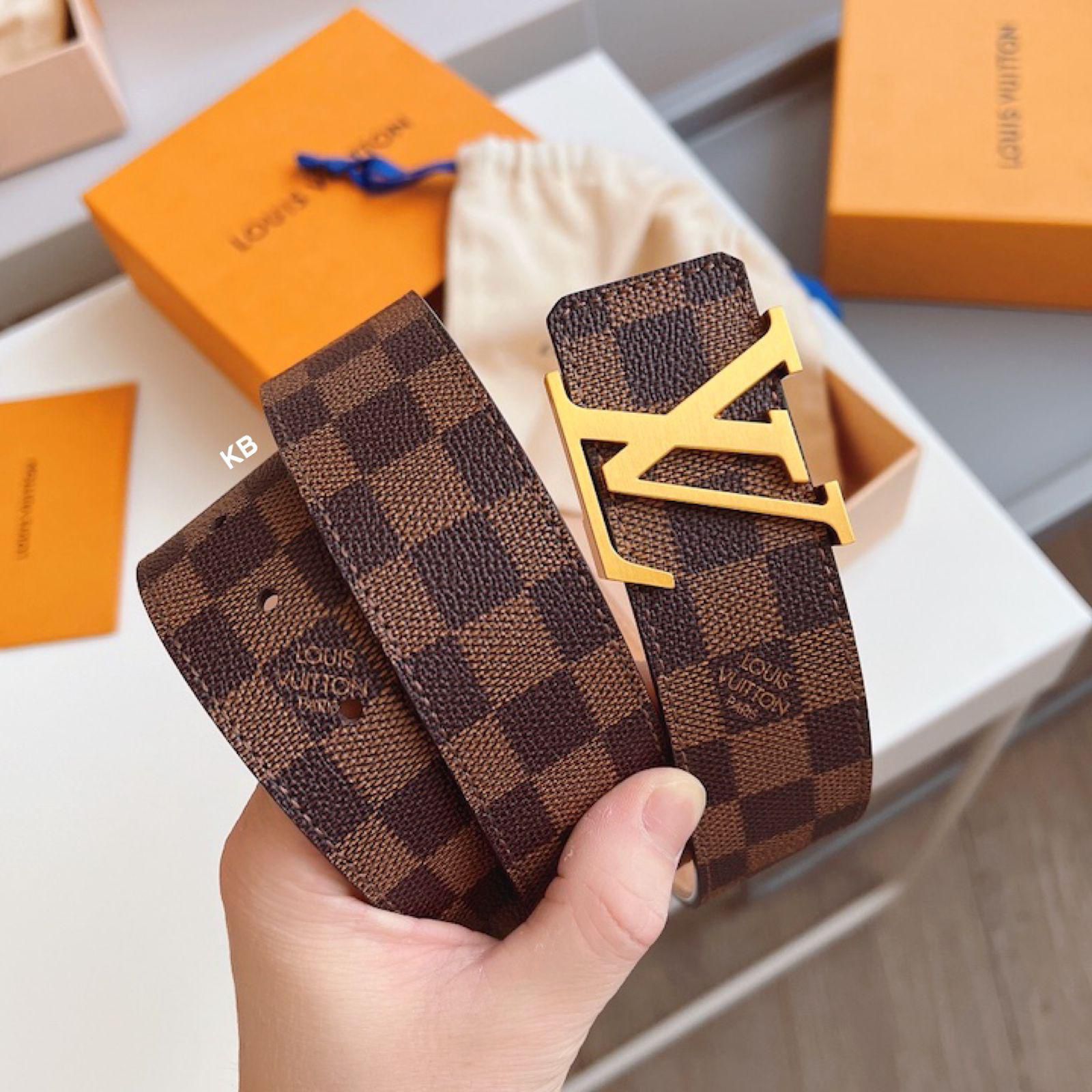 LV Brown Grid Belt With OG Box Orange Brand Box Dust Cloth Card