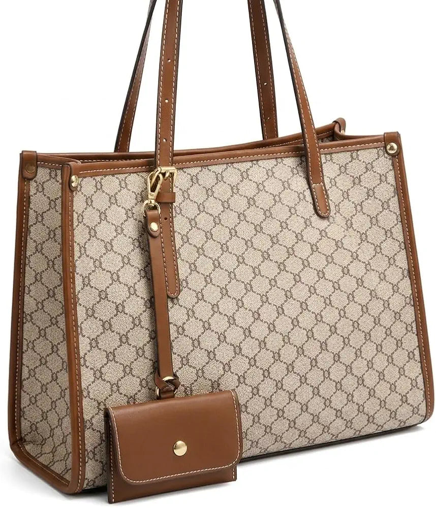 Monogram Print Tote Bag for Women | Structured Shoulder Handbag with Mini Card Holder