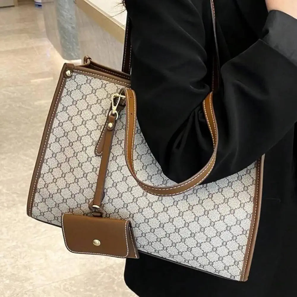 Monogram Print Tote Bag for Women | Structured Shoulder Handbag with Mini Card Holder