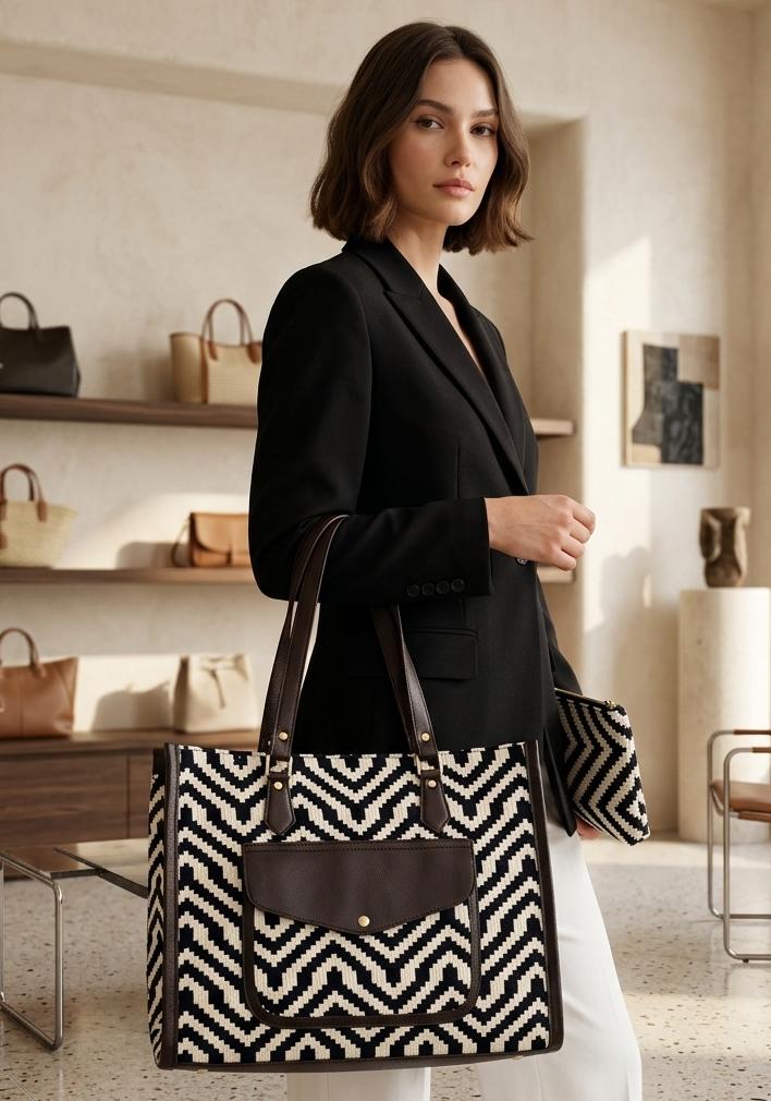 Jacquard Plush Tote Bag with Matching Pouch - PR Collection