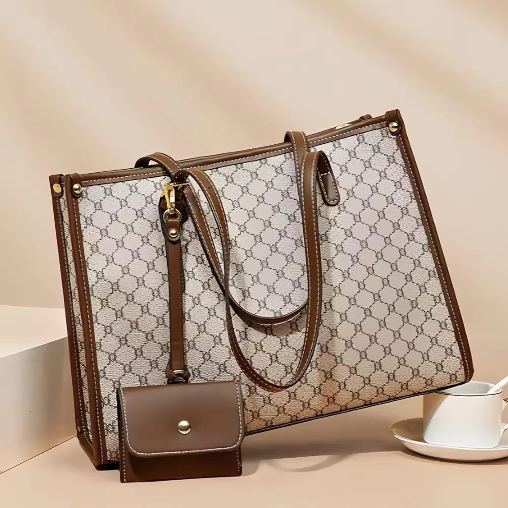 Monogram Print Tote Bag for Women | Structured Shoulder Handbag with Mini Card Holder