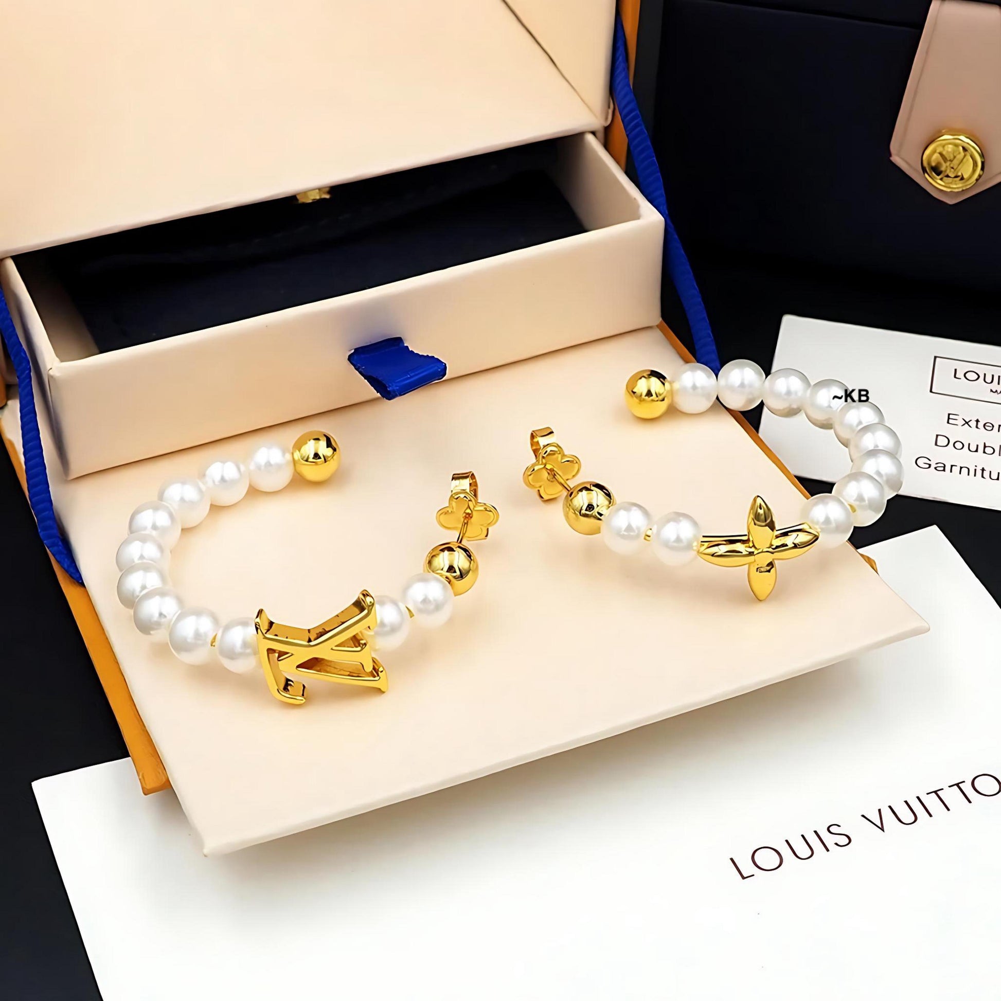 Louis Vuitton LV Pearl Earrings White Gold Finish Luxury Jewellery - PR Collection