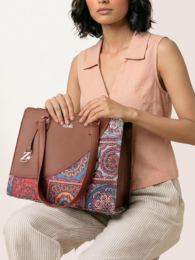 ZOUK Women's Office Tote Bag Jute Vegan Leather Handcrafted - Shoulder Bag