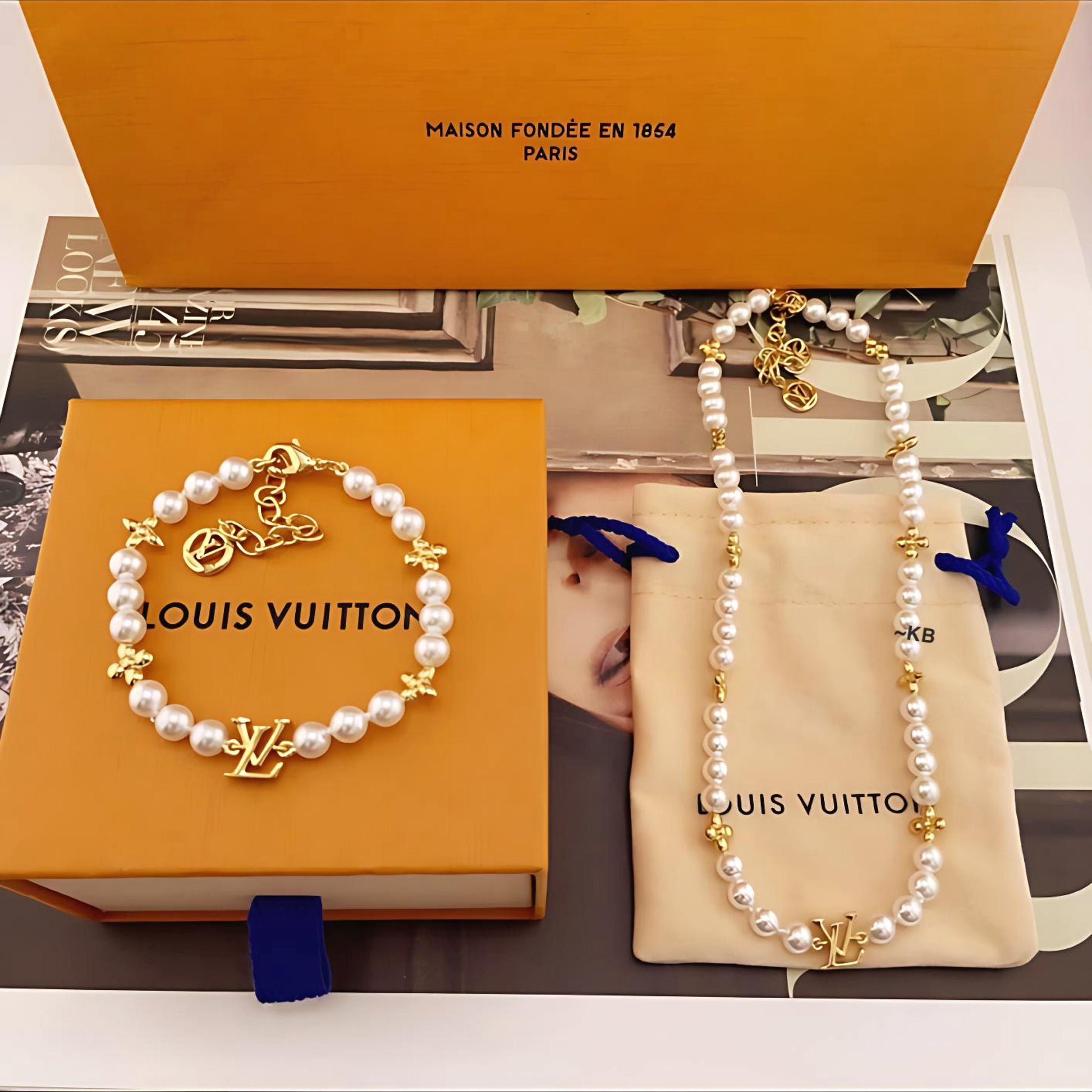 Louis Vuitton LV Pearl Necklace Bracelet Combo Gold Finish Luxury Jewellery - PR Collection