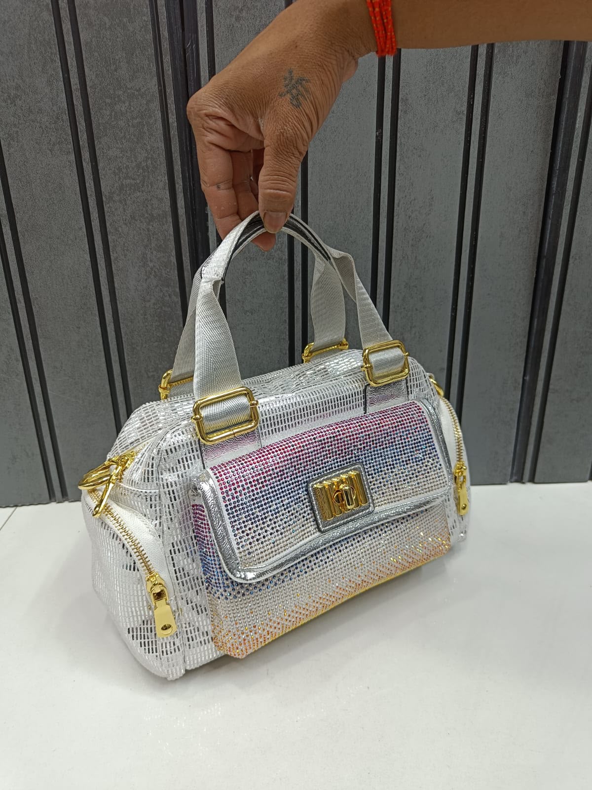 Women Imported Designer Boston Bag D5 Pink Rhinestone Dual Pocket Gold Hardware Party Festive Handbag