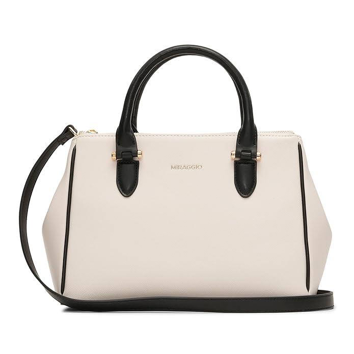 Miraggio Structured Satchel Handbag for Women | Dual Tone Cream & Black Top Handle Bag for Office & College