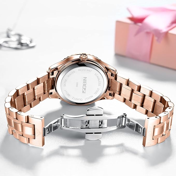 NIBOSI Women Watches Analogue Wrist Watches Watches for Women's & Girls & Miss & Ladies Rose Gold Dial Watch with Stylish Diamond