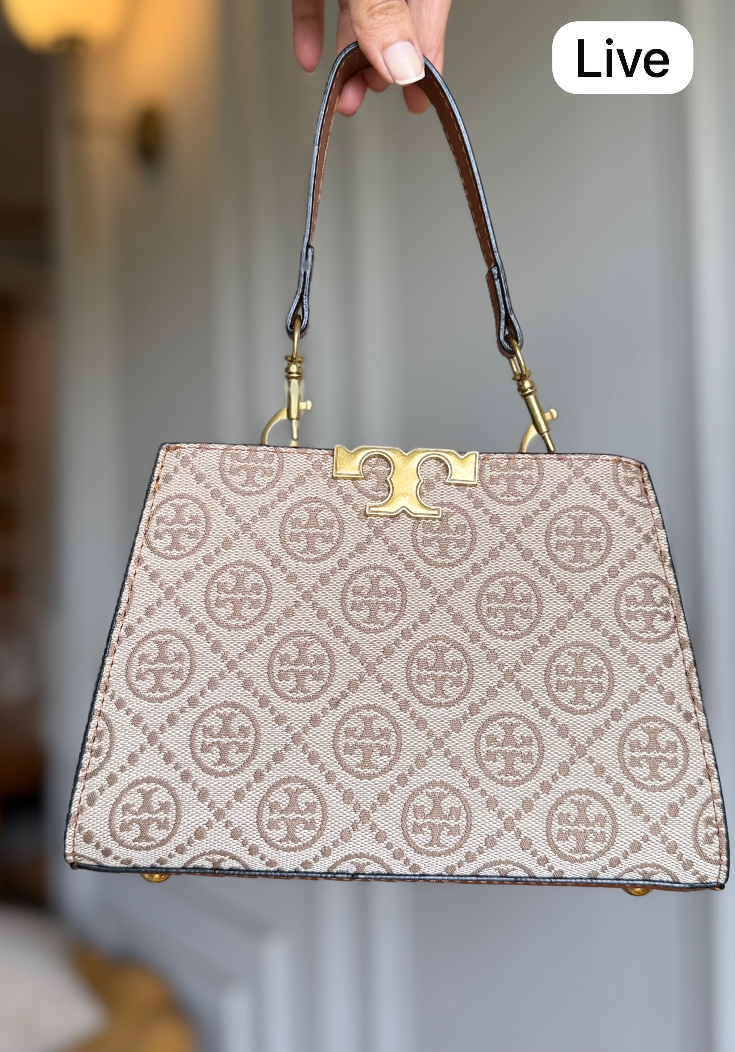 Tory Burch Monogram Structured Bag Beige Luxury Designer Women India