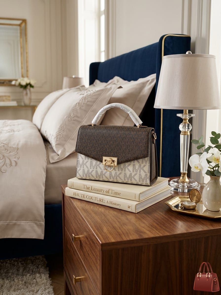 Michael Kors MK Top Handle Bag White Coffee Interior Pockets - PR Collection