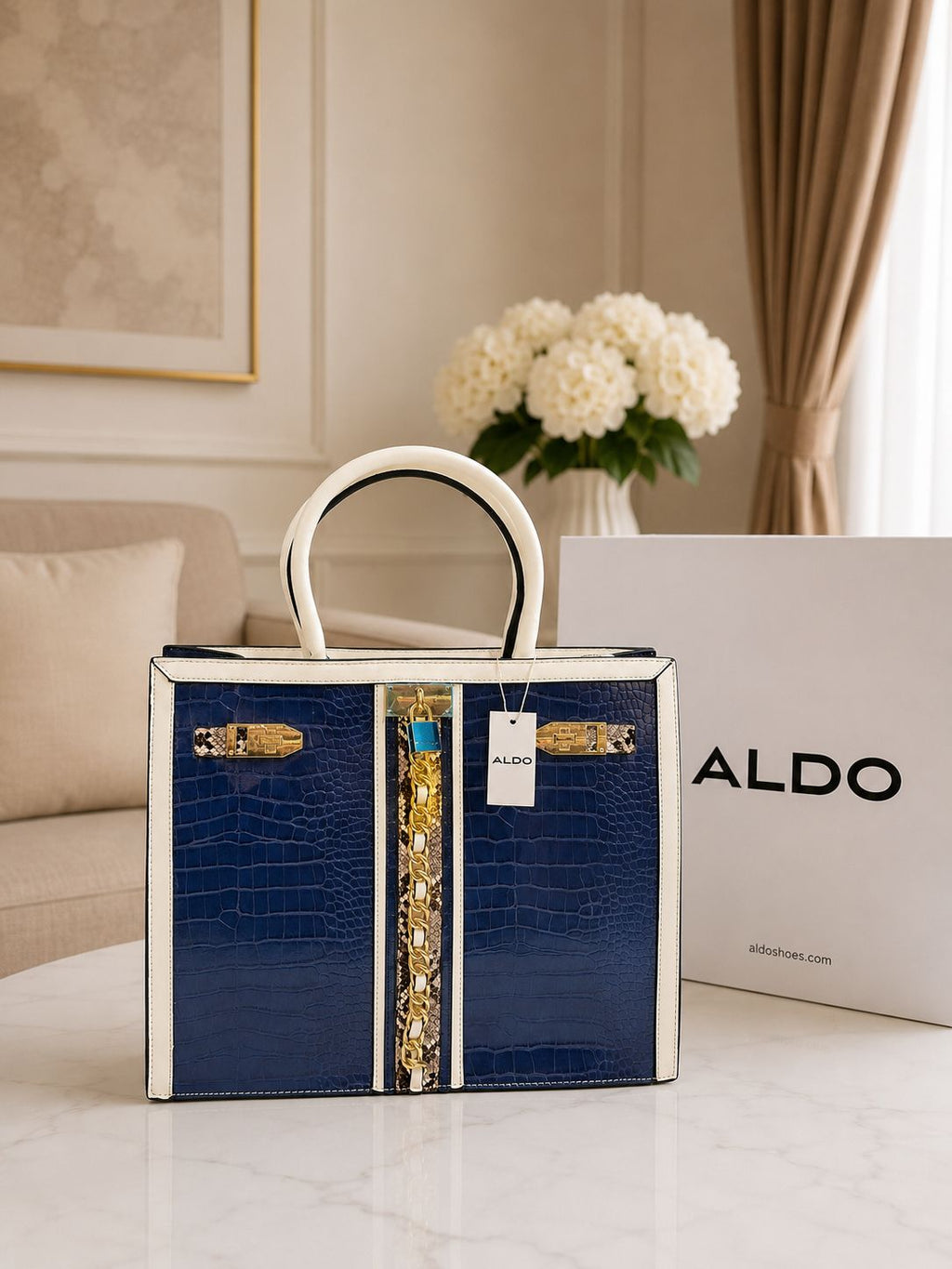 ALDO Avoma Premium Crocodile Textured Satchel Tote Bag Tan White Blue With Dust Cover - PR Collection