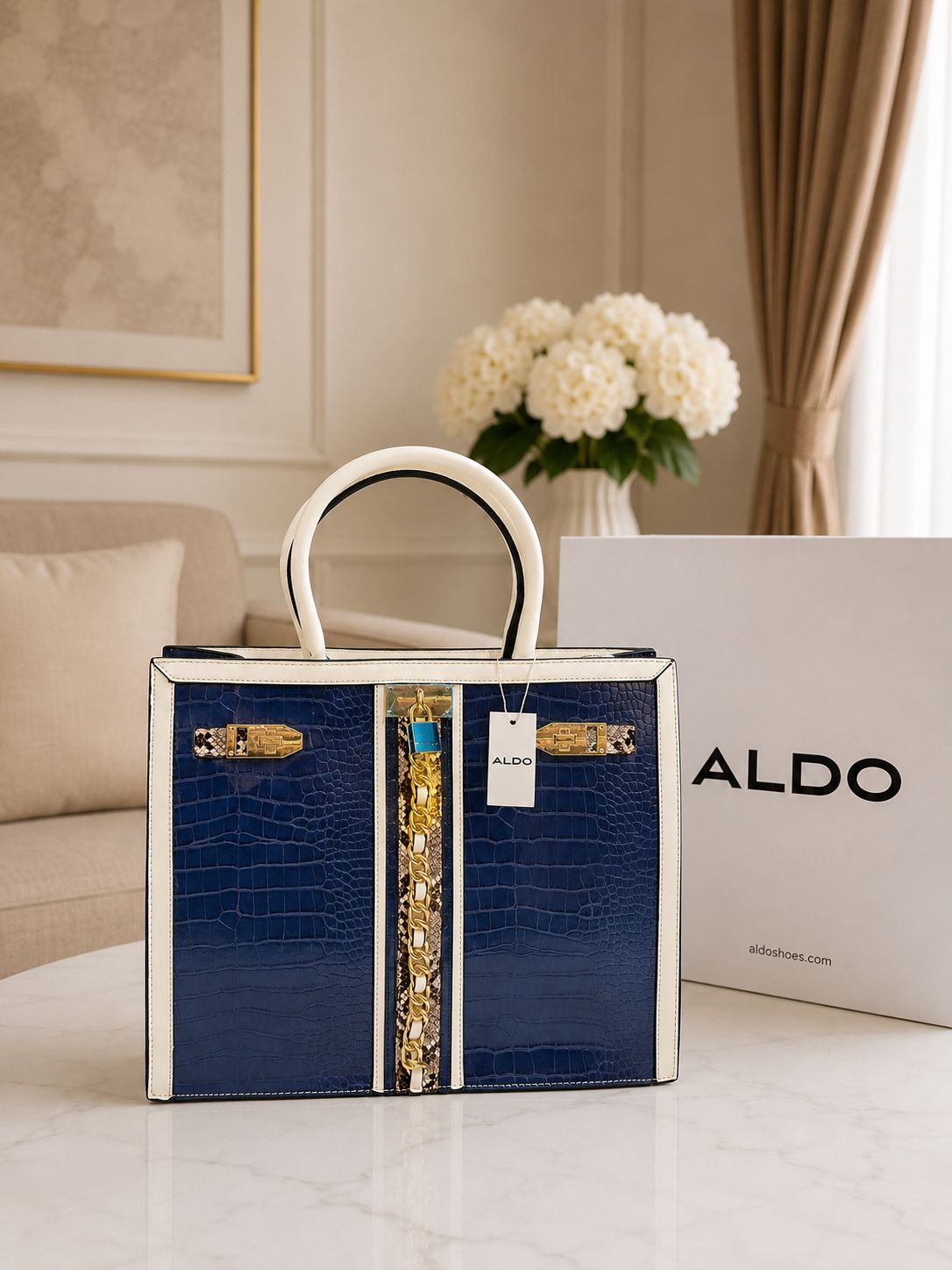 ALDO Avoma Premium Crocodile Textured Satchel Tote Bag Tan White Blue With Dust Cover - PR Collection