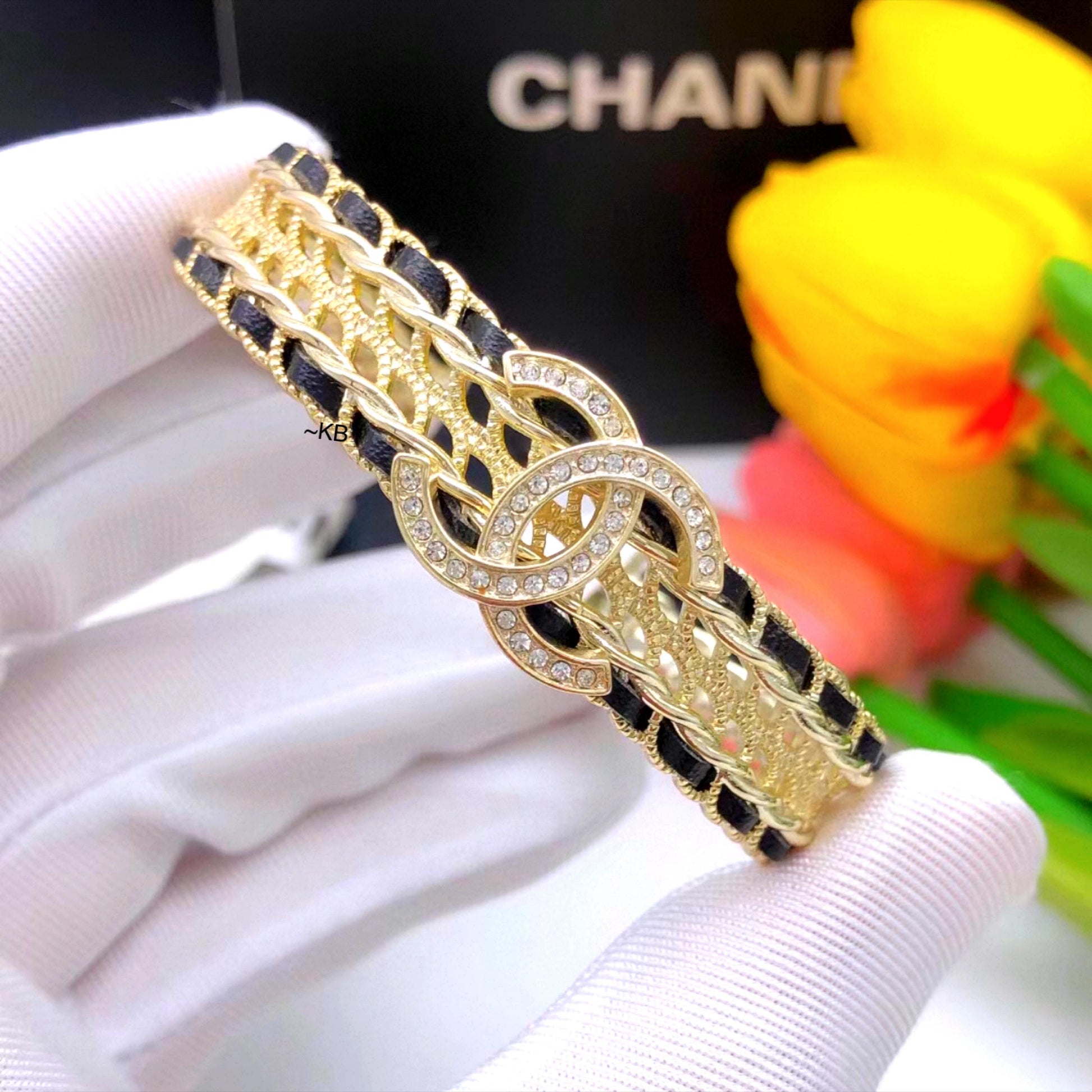 Chanel Crystal Leather Intertwined CC Cuff Bracelet Statement Jewellery - PR Collection