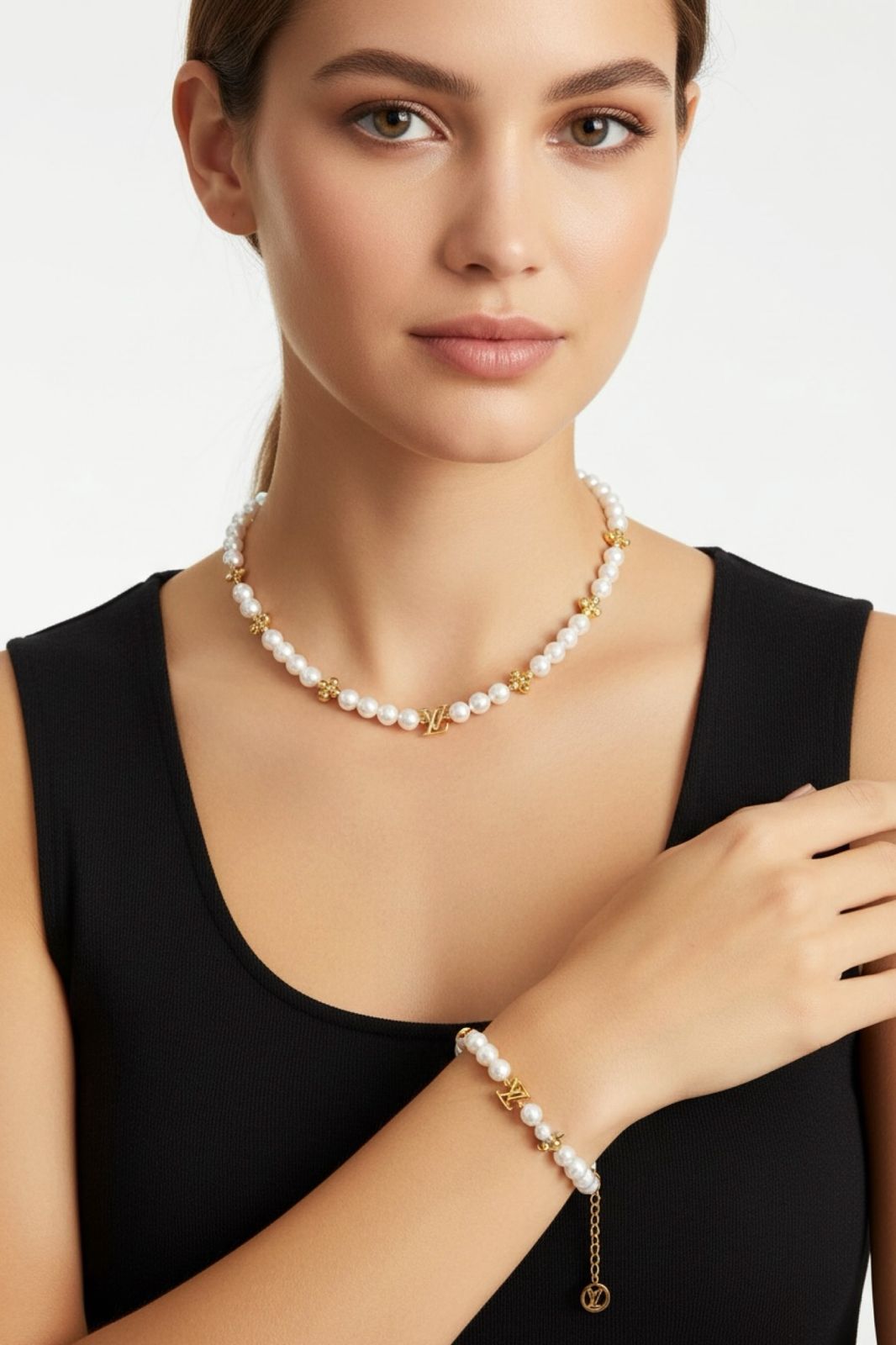Louis Vuitton LV Pearl Necklace Bracelet Combo Gold Finish Luxury Jewellery - PR Collection