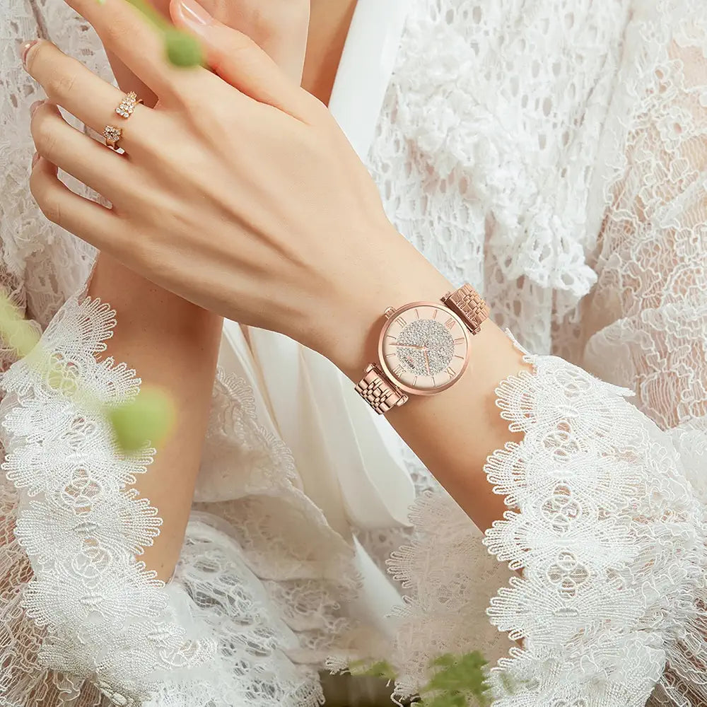NIBOSI Women Watch Rose Gold Diamond Studded Analogue Wrist Watch - PR Collection