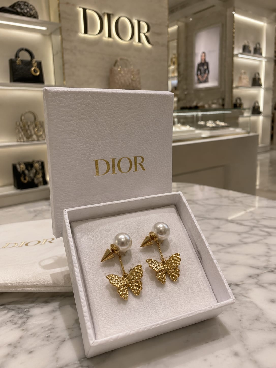 Dior Butterfly Pearl Earrings Elegant Gold Finish Jewellery - PR Collection