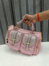 Women Imported Fashion Designer Boston Handbag D1 Silver Rhinestone Dual Pocket Gold Hardware Party Bag India