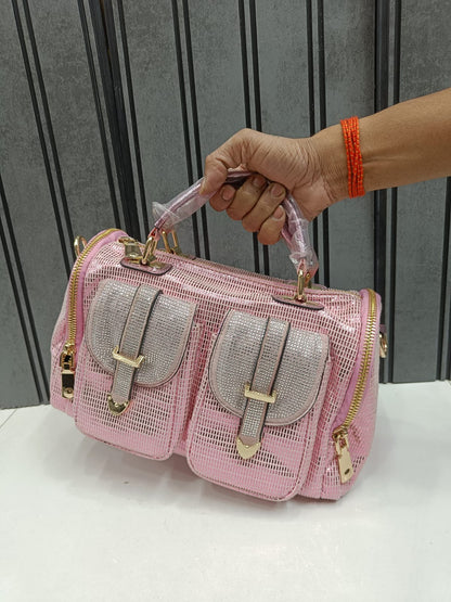 Women Imported Fashion Designer Boston Handbag D1 Silver Rhinestone Dual Pocket Gold Hardware Party Bag India