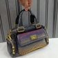 Women Designer Boston Handbag D2 Black Rhinestone Embellished Dual Pocket Gold Hardware Imported Party Bag