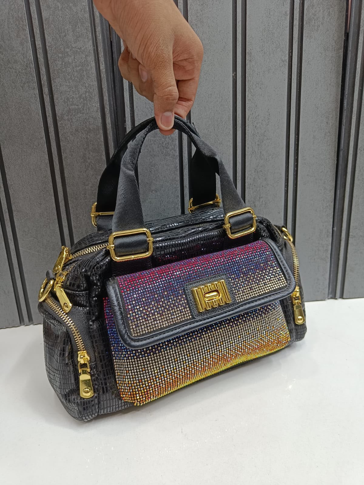 Women Designer Boston Handbag D2 Black Rhinestone Embellished Dual Pocket Gold Hardware Imported Party Bag