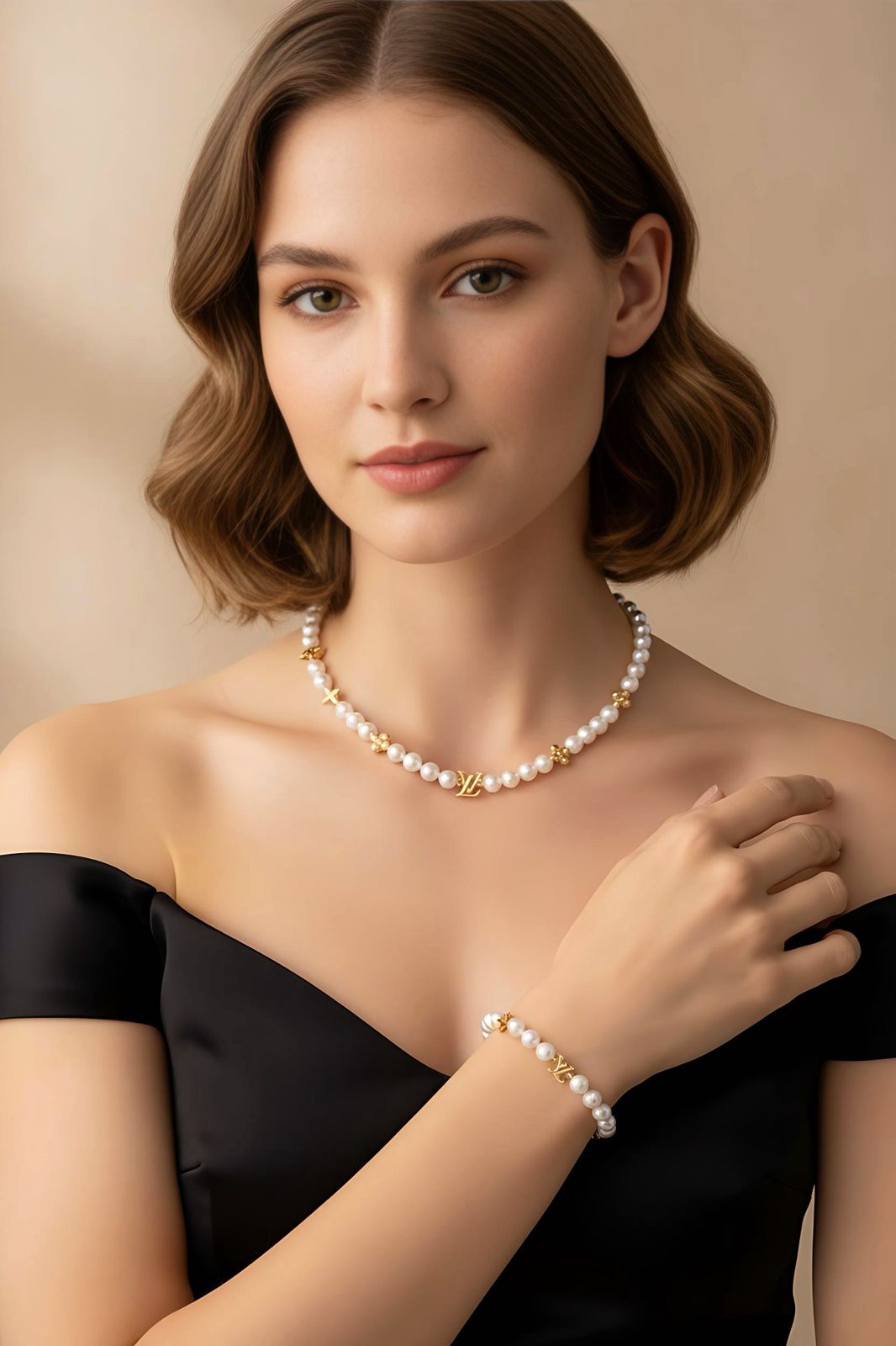 Louis Vuitton LV Pearl Necklace Bracelet Combo Gold Finish Luxury Jewellery - PR Collection