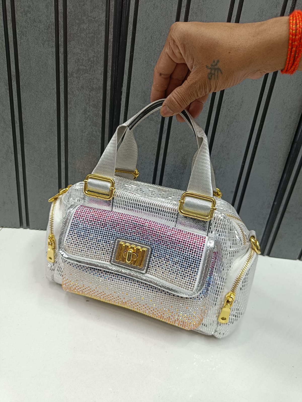 Women Fashion Designer Handbag D4 Silver Rhinestone Boston Barrel Bag Gold Hardware Party India