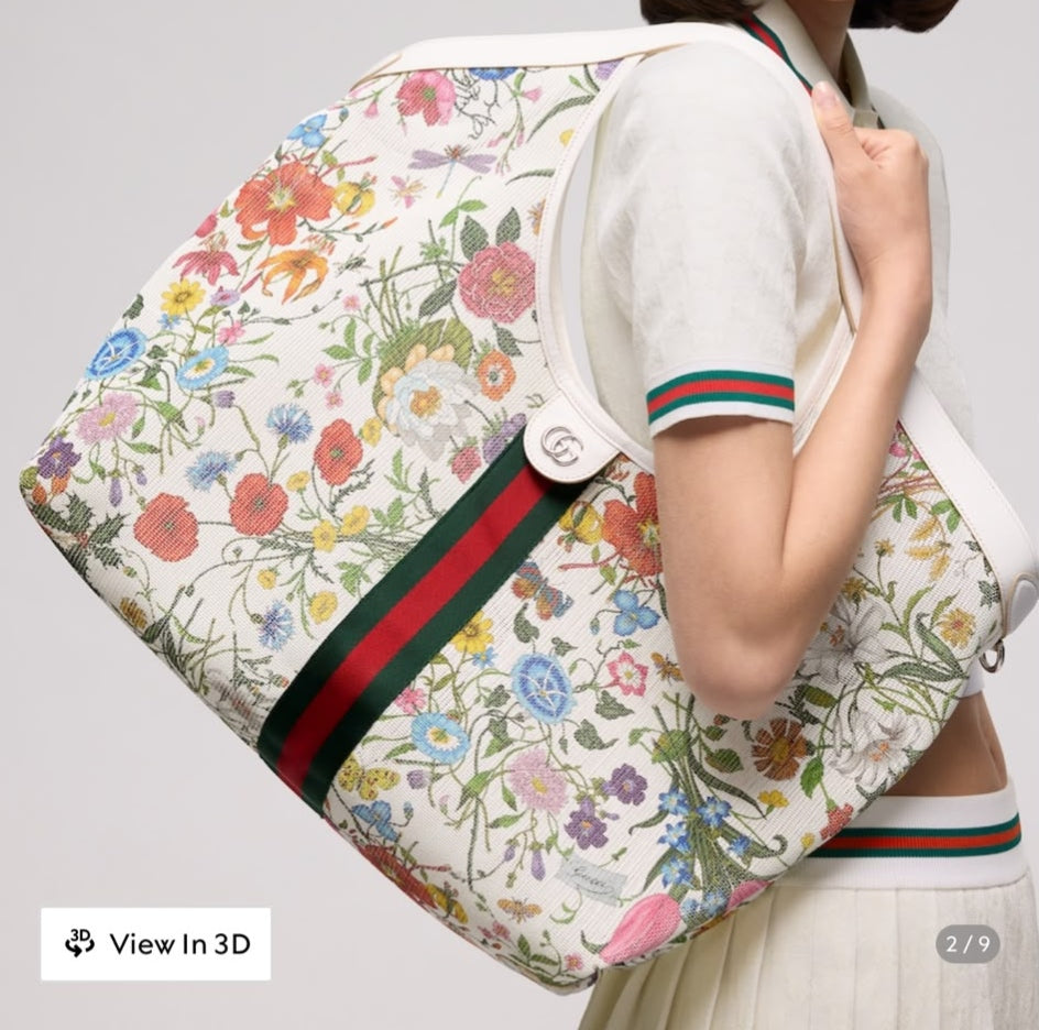 Large floral net tote bag for women with palladium hardware, India USA UK Canada