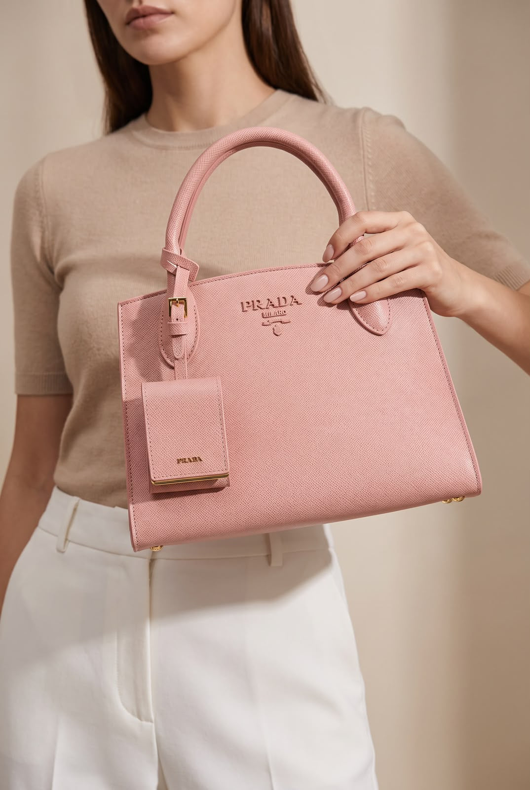 Women Saffiano Monochrome Handbag Tan 12A Quality Luxury With Box Dust Cover Detachable Strap India