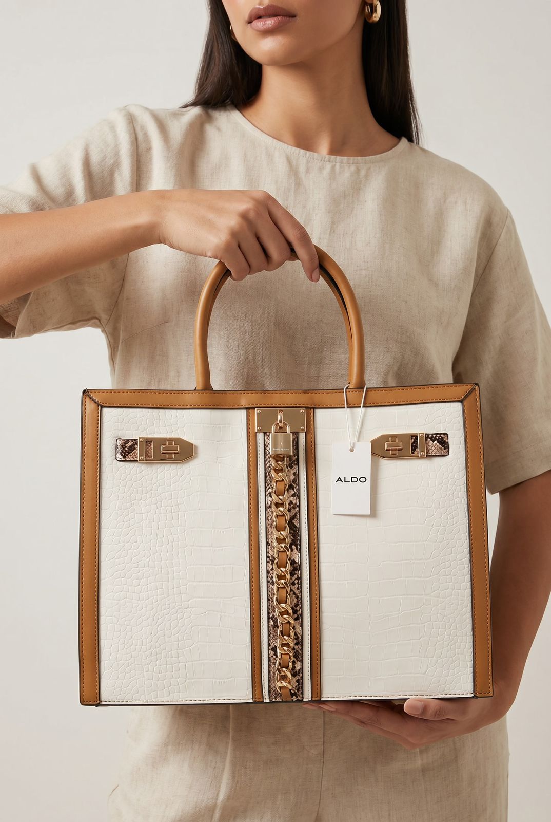 ALDO Avoma Premium Crocodile Textured Satchel Tote Bag Tan White Blue With Dust Cover - PR Collection