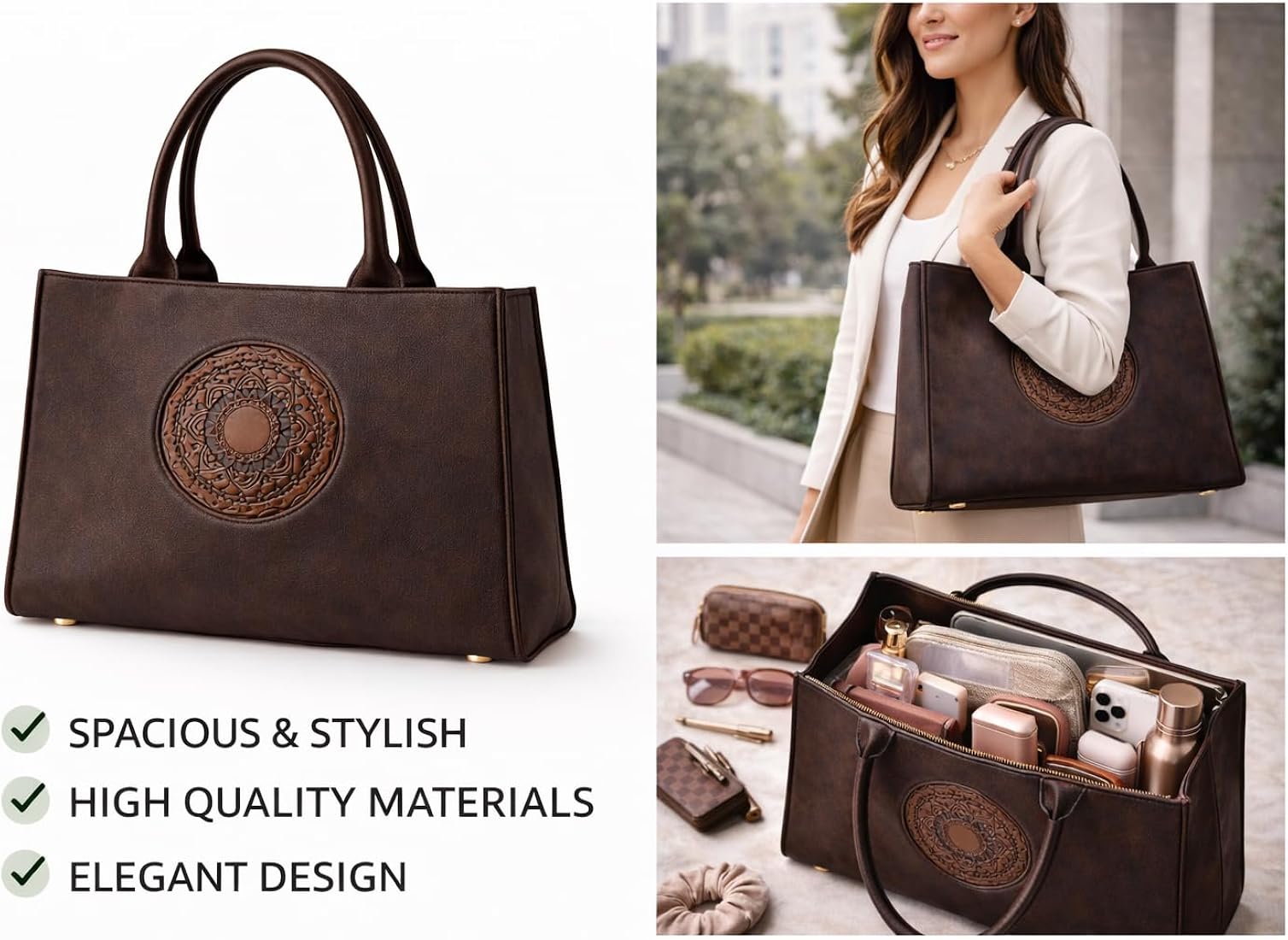 Women's Structured Black Tote Bag Faux Leather Office Bag - PR Collection