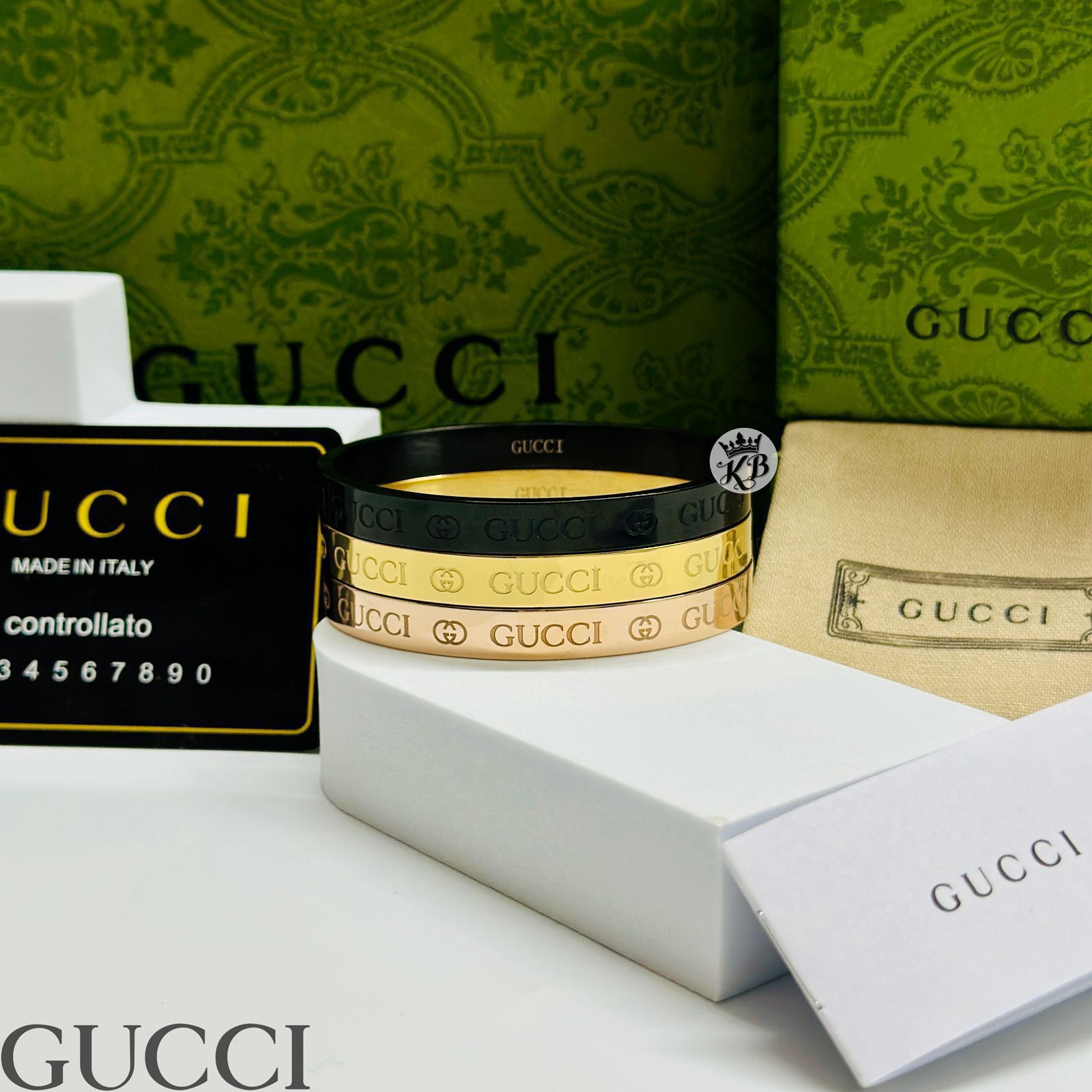 Gucci Premium Unisex Metal Bracelet Black Gold Rose Gold With Green Box - PR Collection