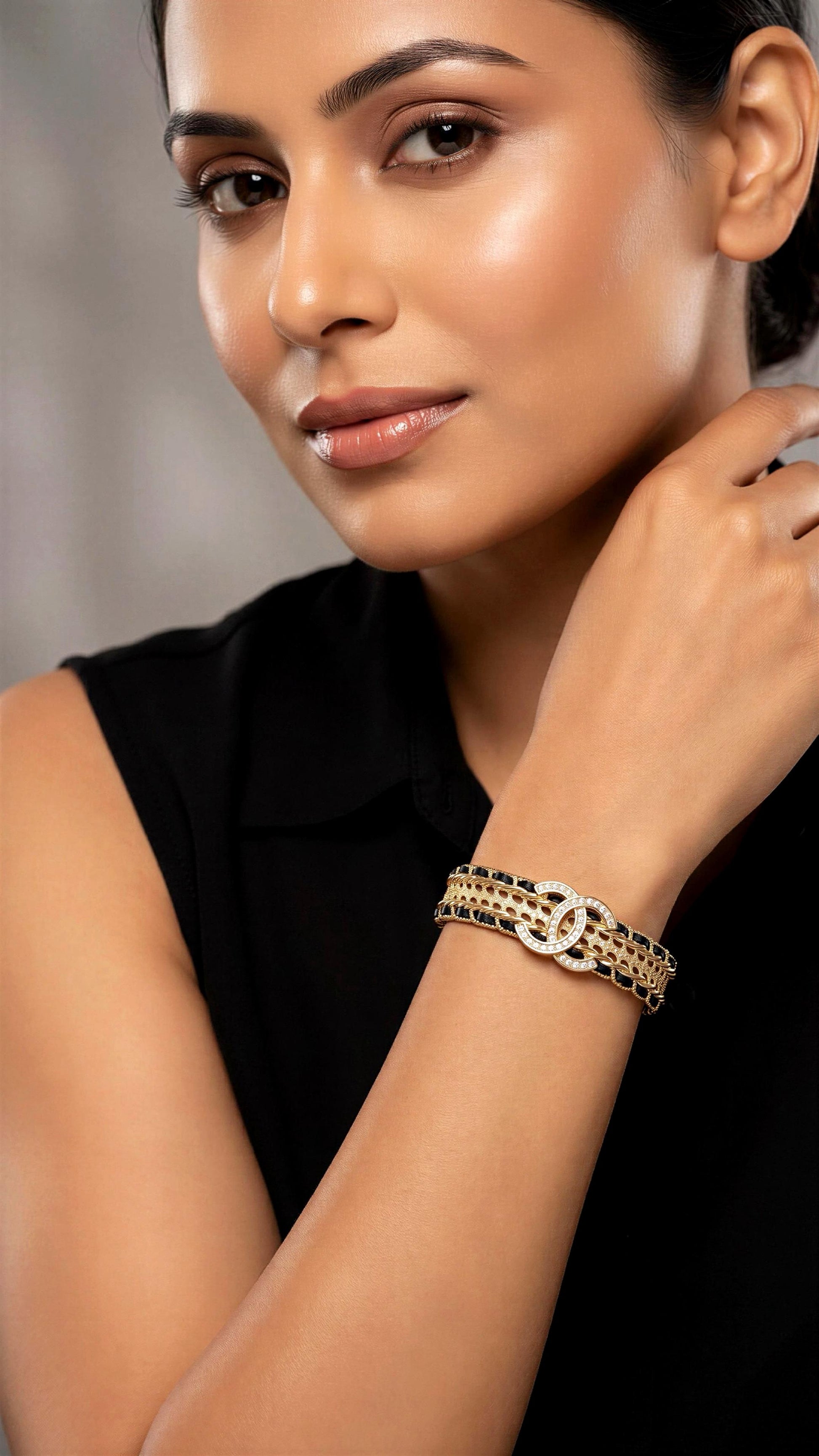 Chanel Crystal Leather Intertwined CC Cuff Bracelet Statement Jewellery - PR Collection