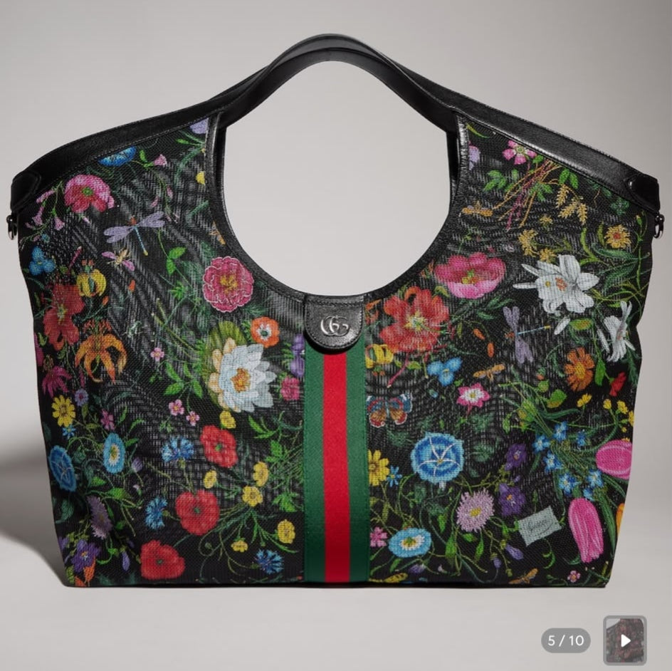 Women's floral print net tote bag with black leather trim and detachable pouch